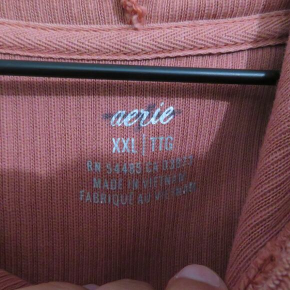 Aerie Women Sz XXL Orange Salmon Ribbed Drawstring Hoodie Boxy Cotton Sweatshirt - Picture 5 of 5